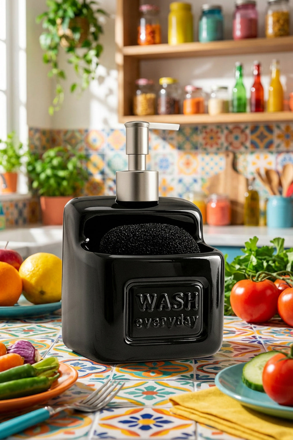 Şık ve Pratik Seramik Süngerlikli Sıvı Sabunluk/Deterjanlık, Siyah, 500 ml