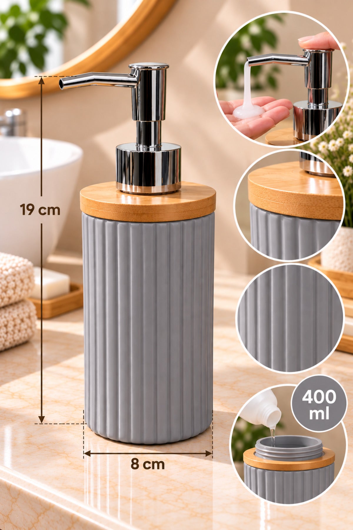 400 ml Bambu Kapaklı Sıvı Sabunluk, Desenli Seramik, Siyah Gri Pudra Pembe, 8x19 cm