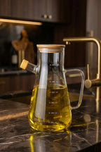 Cam Yağdanlık — Bambu Kapaklı, Ölçekli, Silikon Tıpalı