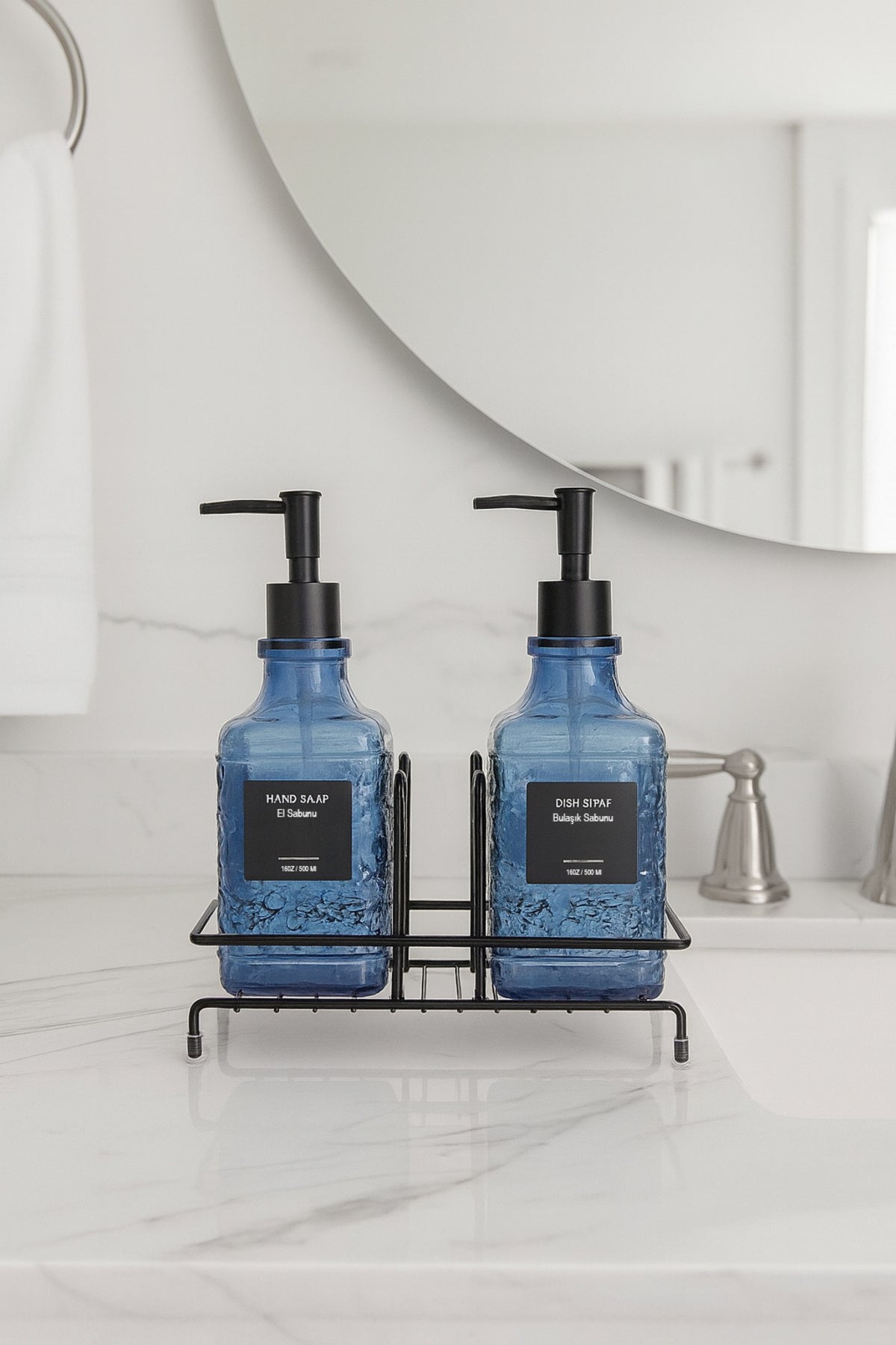 Modern Cam Sıvı Sabunluk & Deterjanlık Cam Sabunluk, Metal Stand'lı