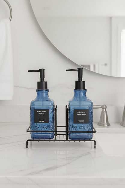 Modern Cam Sıvı Sabunluk & Deterjanlık Cam Sabunluk, Metal Stand'lı
