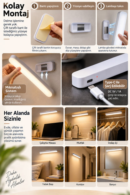 3 Kademeli Şarjlı LED Lamba Type-C Manyetik Duvar ve Masaya Monte Edilebilir Aydınlatma Lambası, 30 cm