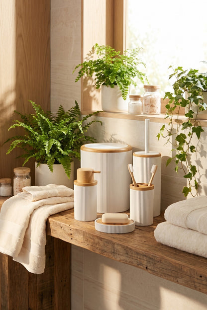 Beyaz Bambu Desenli 5 Parça Banyo Seti Çöp Kovası, WC Fırçalık, Sıvı Sabunluk, Diş Fırçalık, Sabunluk