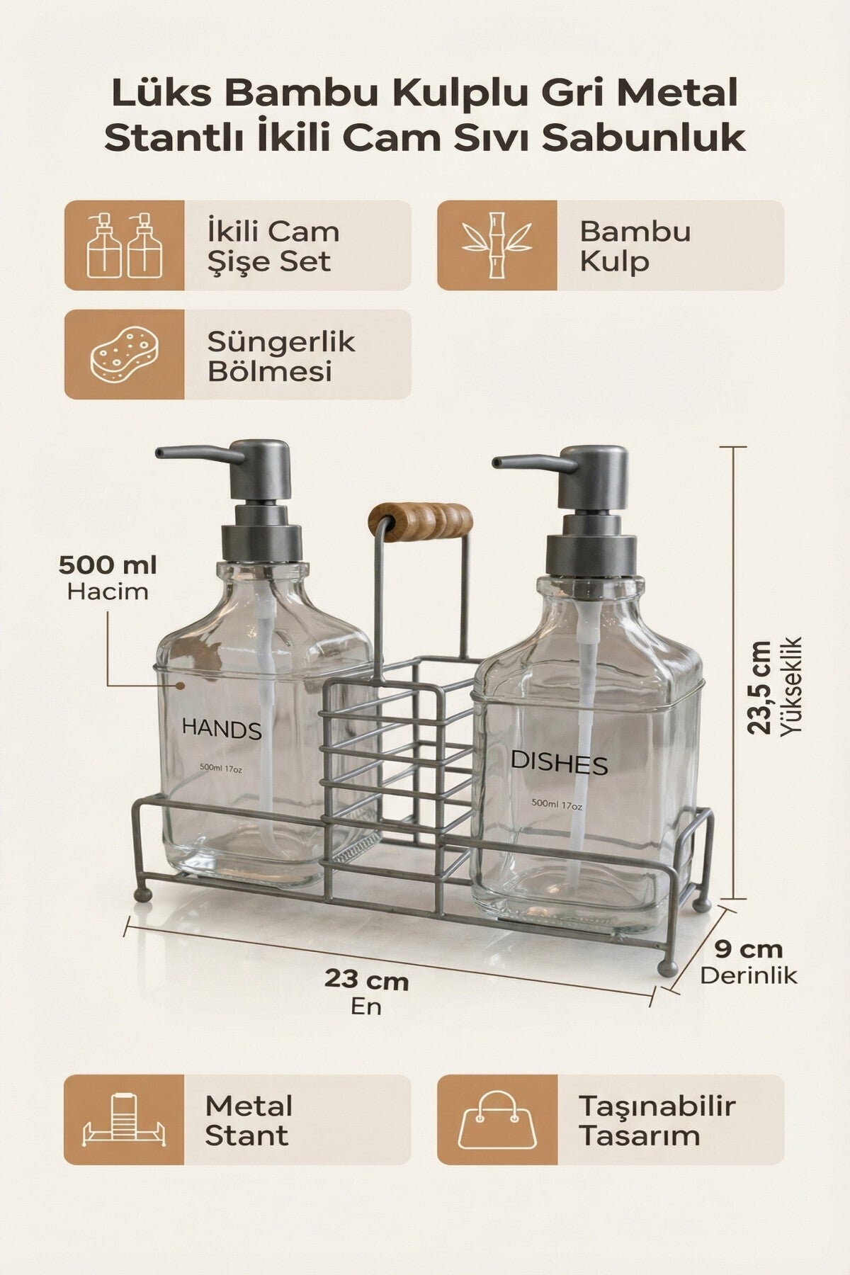 Lüks Bambu Kulplu Metal Stantlı İkili Cam Sıvı Sabunluk 500 ml, 23x9x23,5 cm