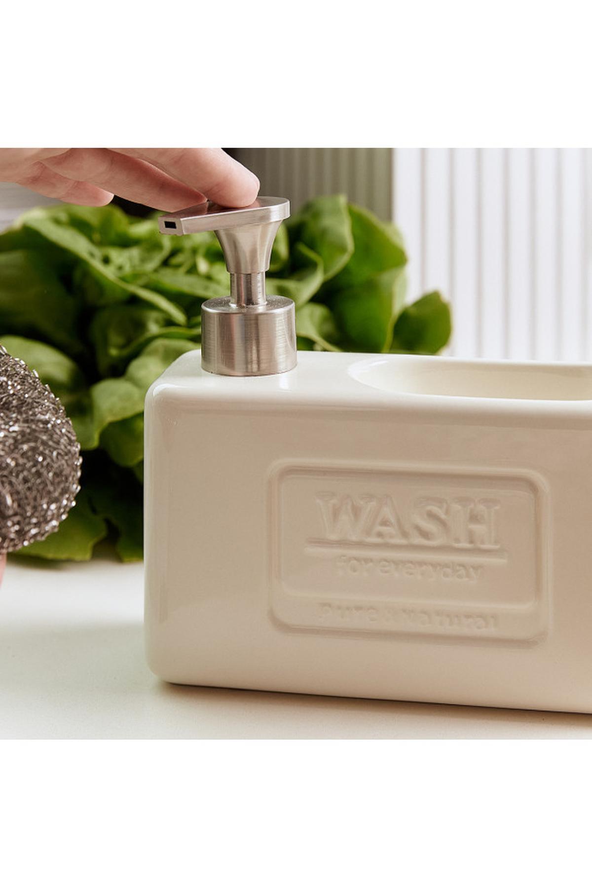 Şık ve Fonksiyonel Seramik Süngerlikli Sıvı Sabunluk/Deterjanlık, Krem, 500 ml