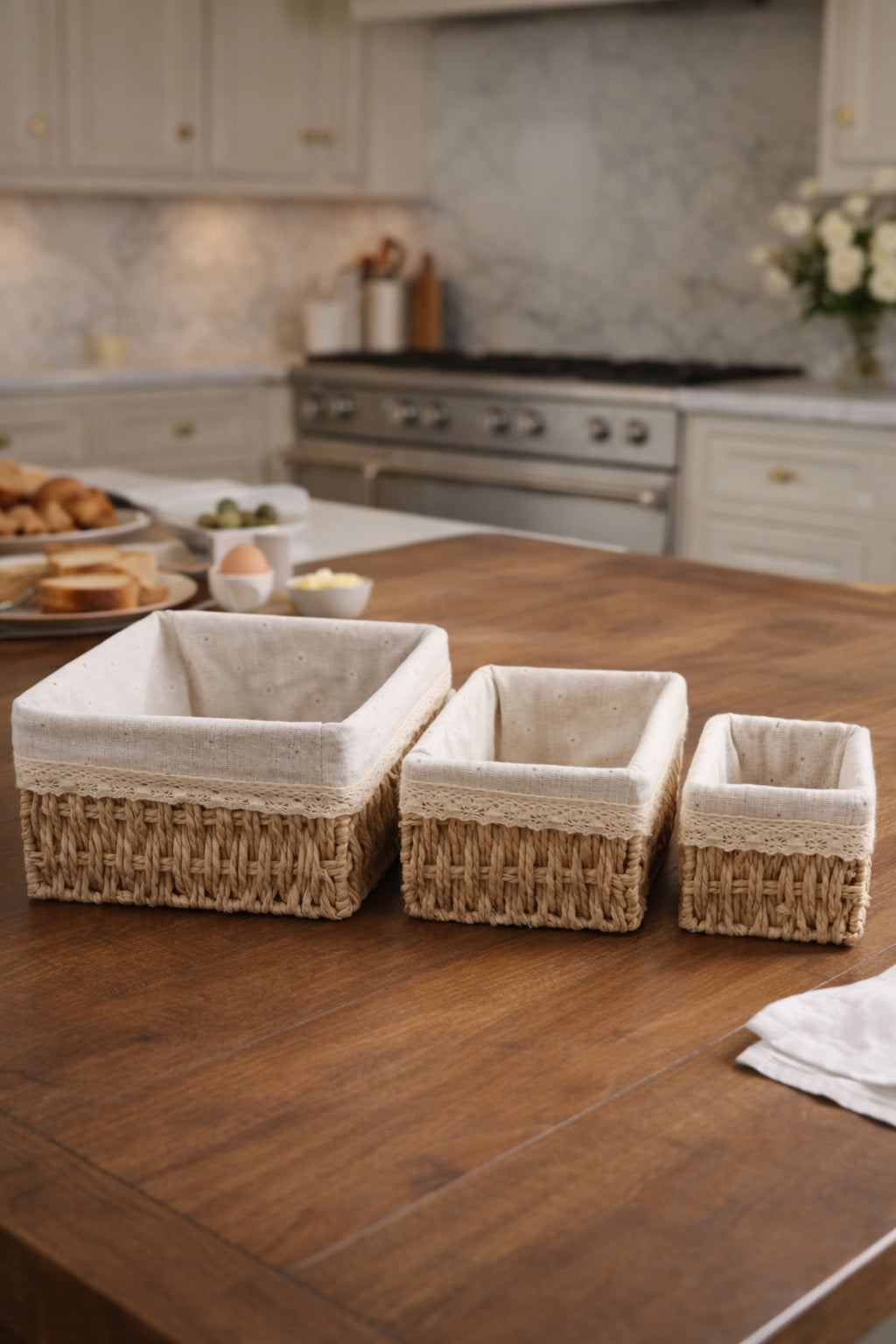 3’lü Bambu Ekmek Sepeti Seti, 26x20x12 cm, Metal Çerçeveli Dantelli Çiçek Desenli Kumaşlı Organizer - görsel 6