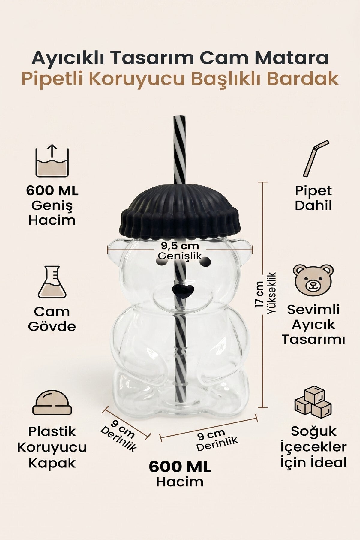 Ayıcıklı Tasarım Cam Matara Pipetli Koruyucu Başlıklı Bardak 600 ml (Yeşil, Sarı, Mavi, Siyah, Kırmızı Renk Seçenekleri)