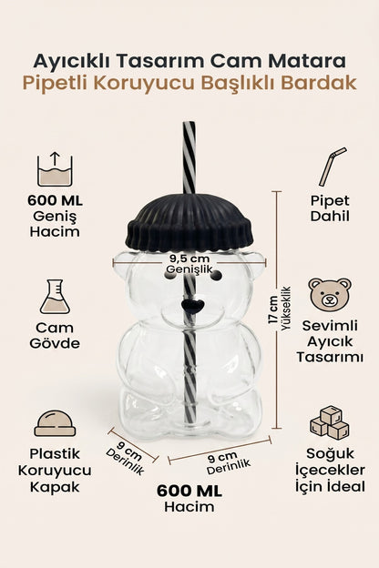 Ayıcıklı Tasarım Cam Matara Pipetli Koruyucu Başlıklı Bardak 600 ml (Yeşil, Sarı, Mavi, Siyah, Kırmızı Renk Seçenekleri)