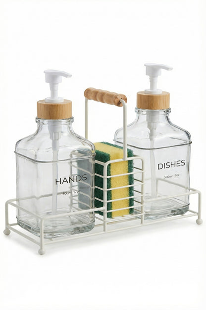 Lüks Bambu Kulplu Metal Stantlı İkili Cam Sıvı Sabunluk 500 ml, 23x9x23,5 cm