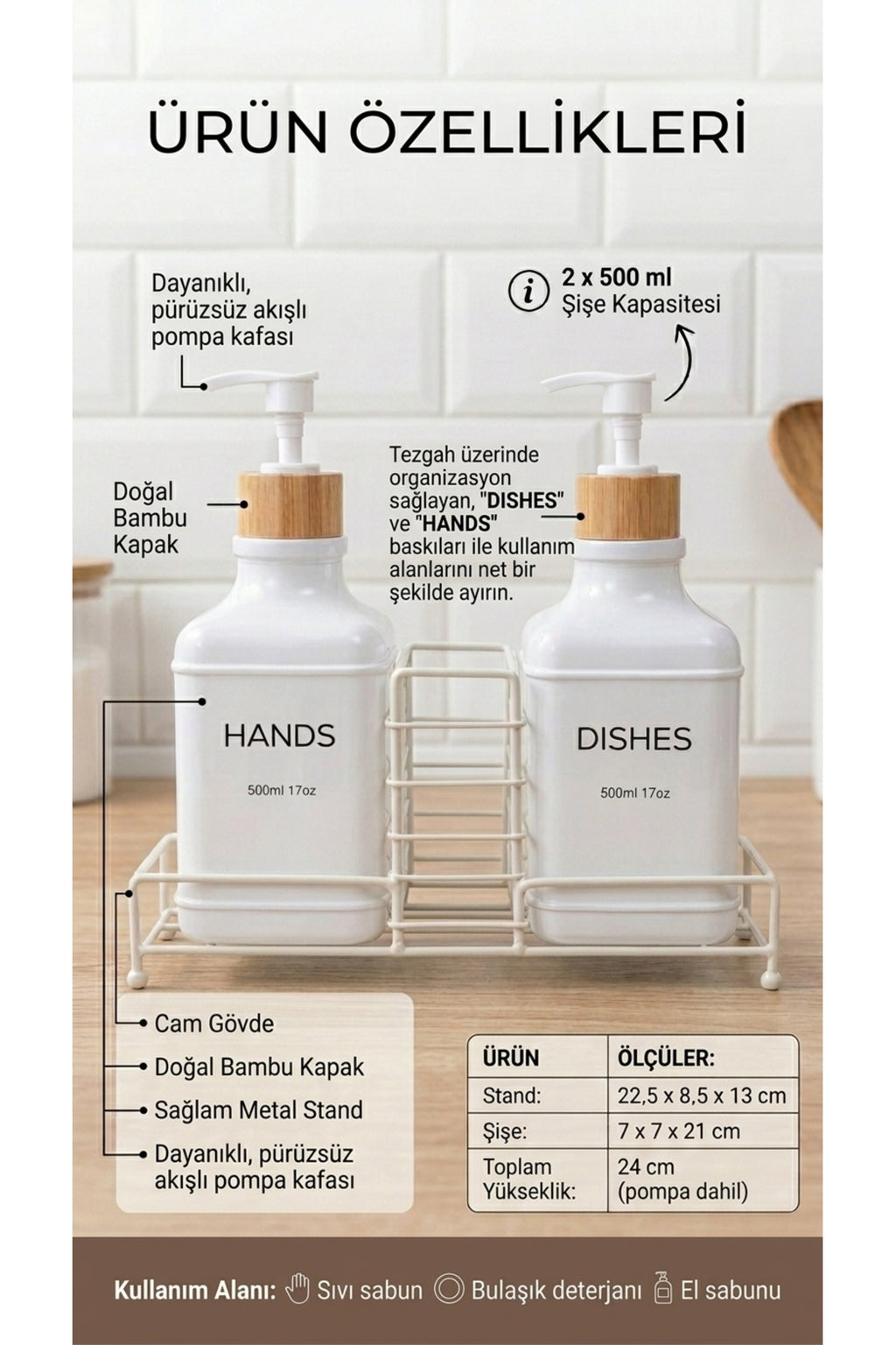 Stantlı Bambu Kapaklı İkili Cam Sıvı Sabunluk & Deterjanlık Seti – 2×500 ml, 22,5 × 8,5 × 24 cm