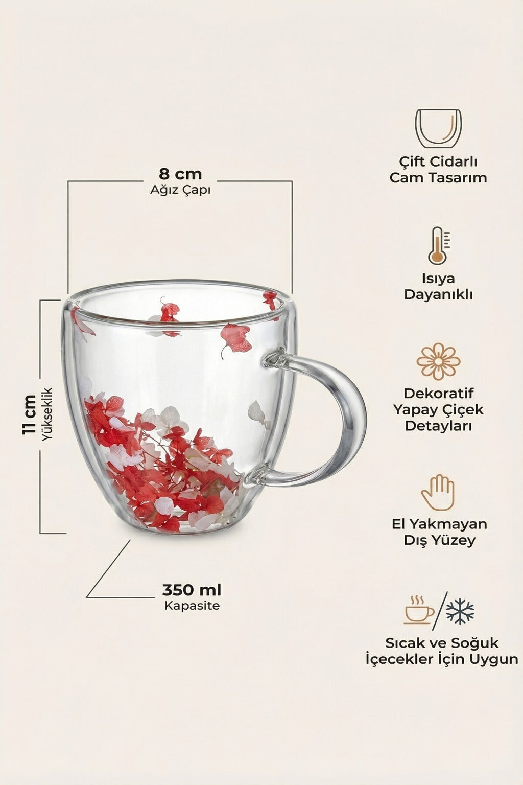 Kırmızı Beyaz Çiçekli Çift Cidarlı Cam Kupa, 350 ml, 11 cm x 8 cm - görsel 2
