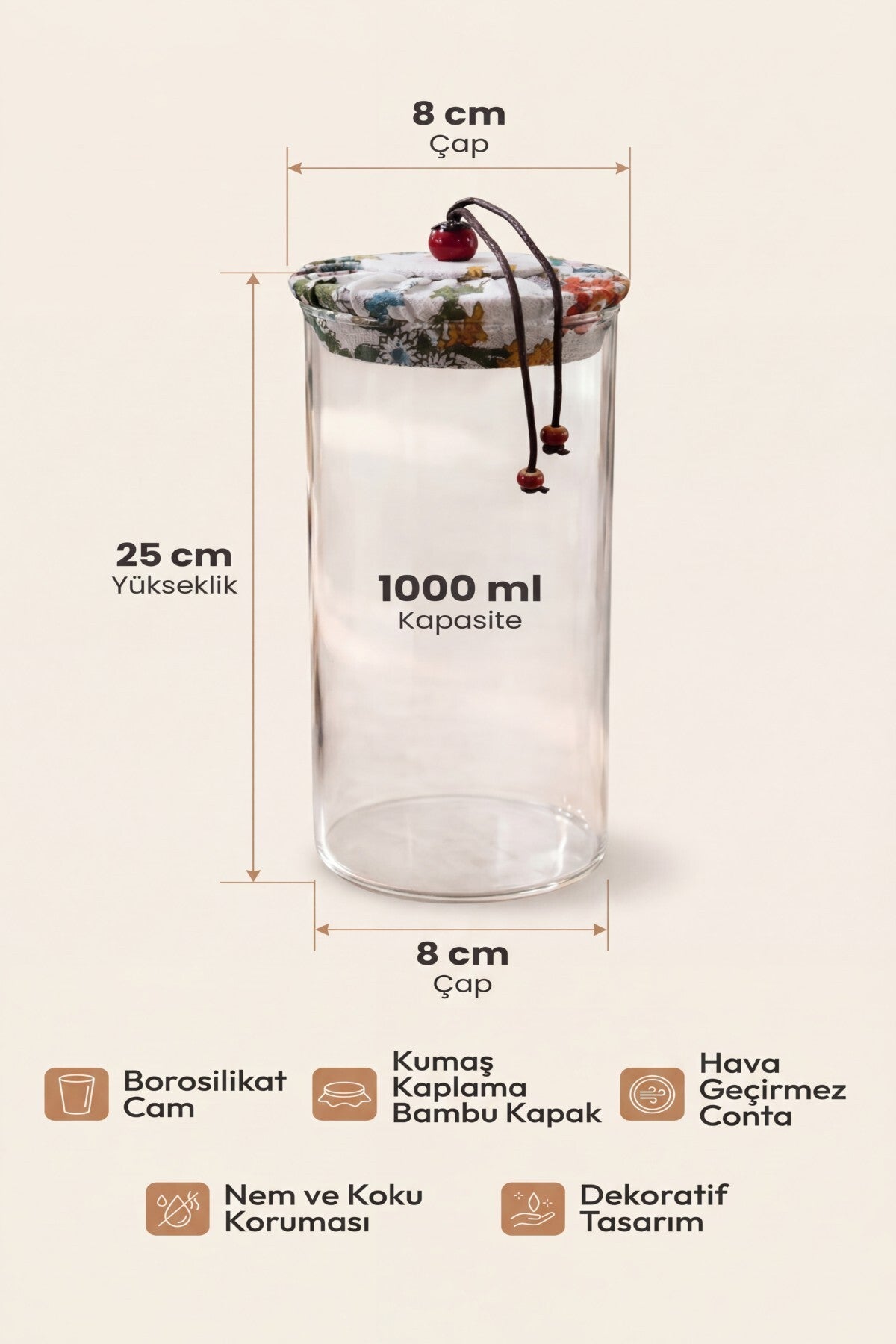 1000 ml Borosilikat Cam Hava Geçirmez Kumaş Kaplama Bambu Kapaklı Kavanoz, çap:8 cm, h:25 cm