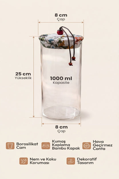 1000 ml Borosilikat Cam Hava Geçirmez Kumaş Kaplama Bambu Kapaklı Kavanoz, çap:8 cm, h:25 cm
