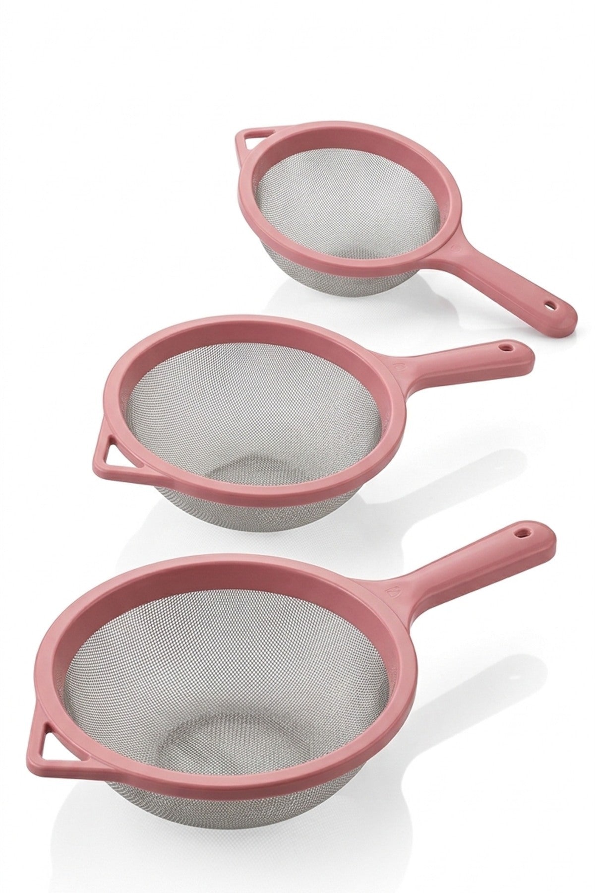 3’lü Paslanmaz Çelik Tel Süzgeç Seti 12-16-20 cm Pembe Mutfak Süzgeci