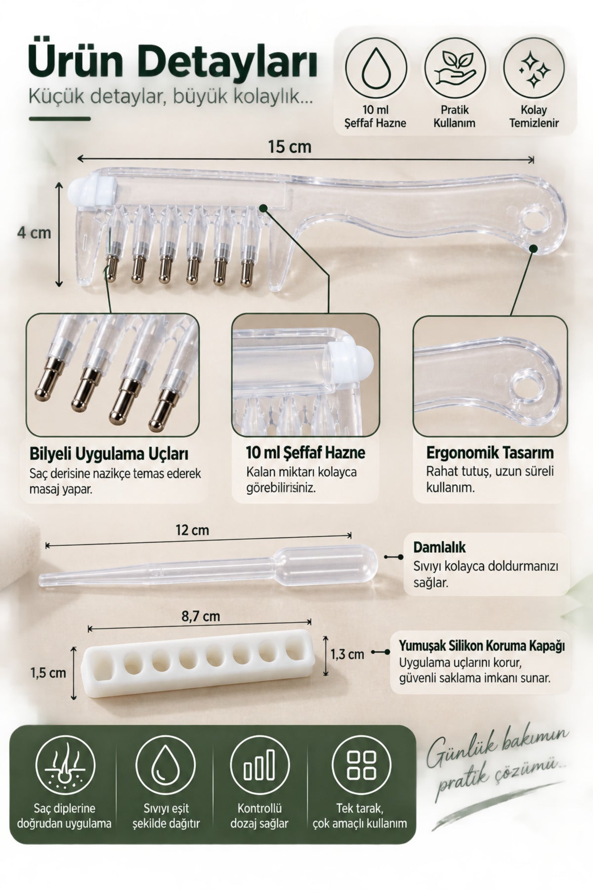 Saç Bakım Sıvısı Uygulama Tarağı – Bilyeli Masaj Uçlu, 10 ml Hazneli, Damlalıklı