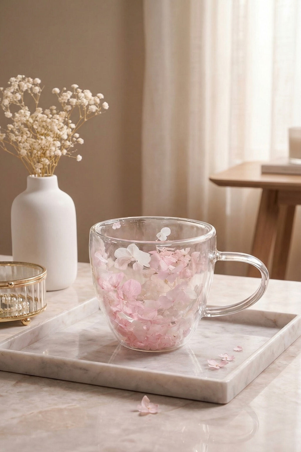 Pembe Beyaz Çiçekli Çift Cidarlı Cam Kupa, 350 ml, 11 cm x 8 cm - görsel 6
