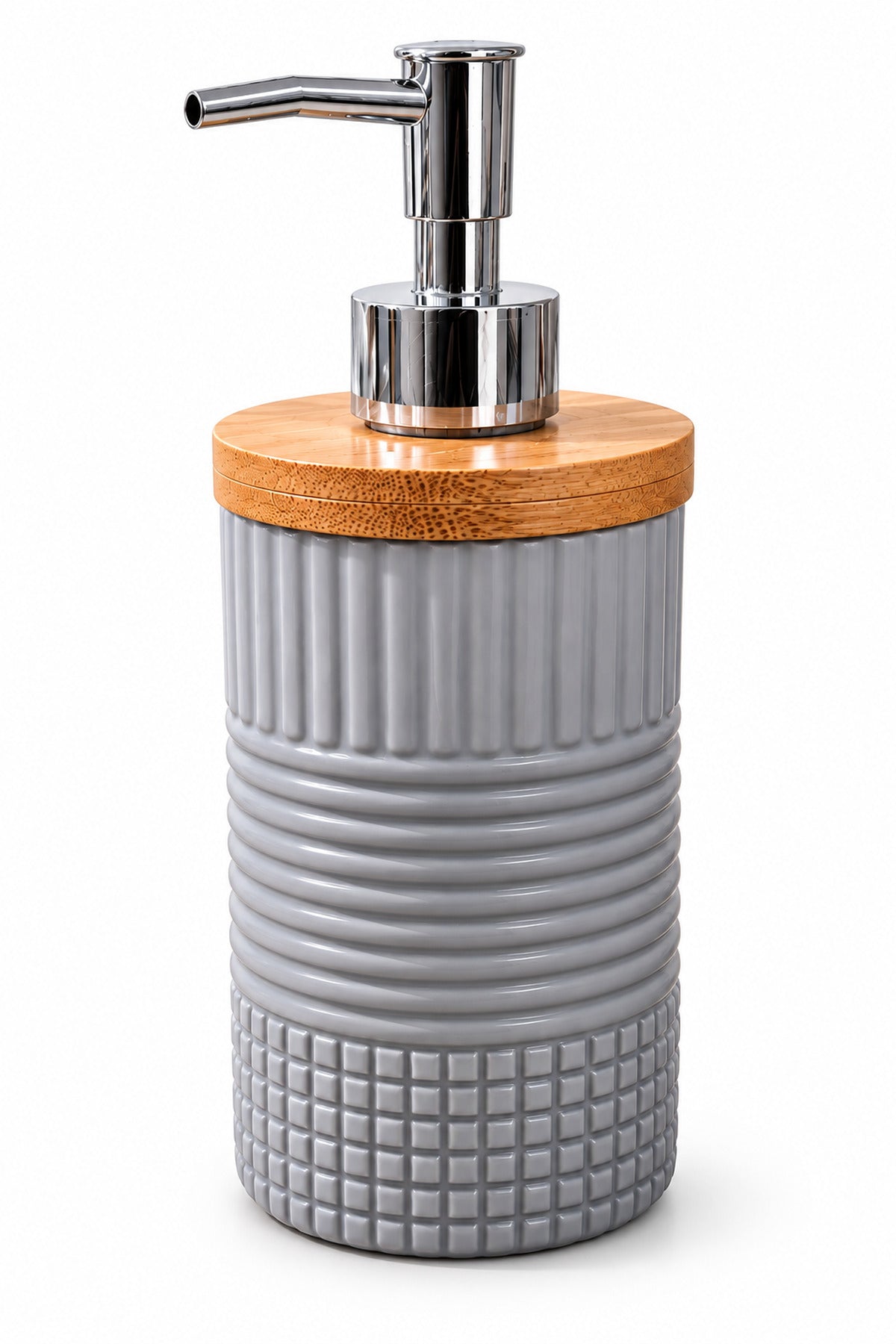 400 ml Bambu Kapaklı Sıvı Sabunluk, Desenli Seramik, 8x19 cm