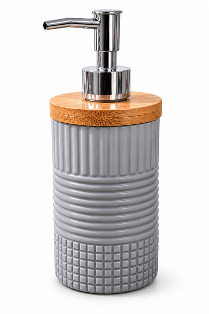400 ml Bambu Kapaklı Sıvı Sabunluk, Desenli Seramik, 8x19 cm