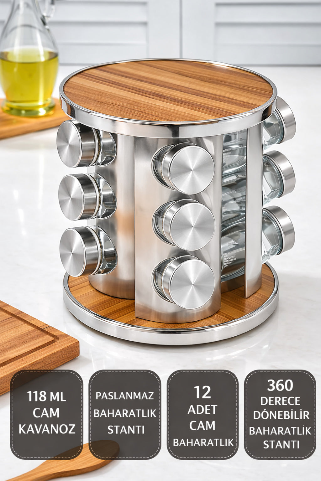 12’li Ahşap Krom Yuvarlak Döner Baharatlık, 360° Paslanmaz Stantlı, 118 ml Cam Kavanoz, 19 x 23 cm
