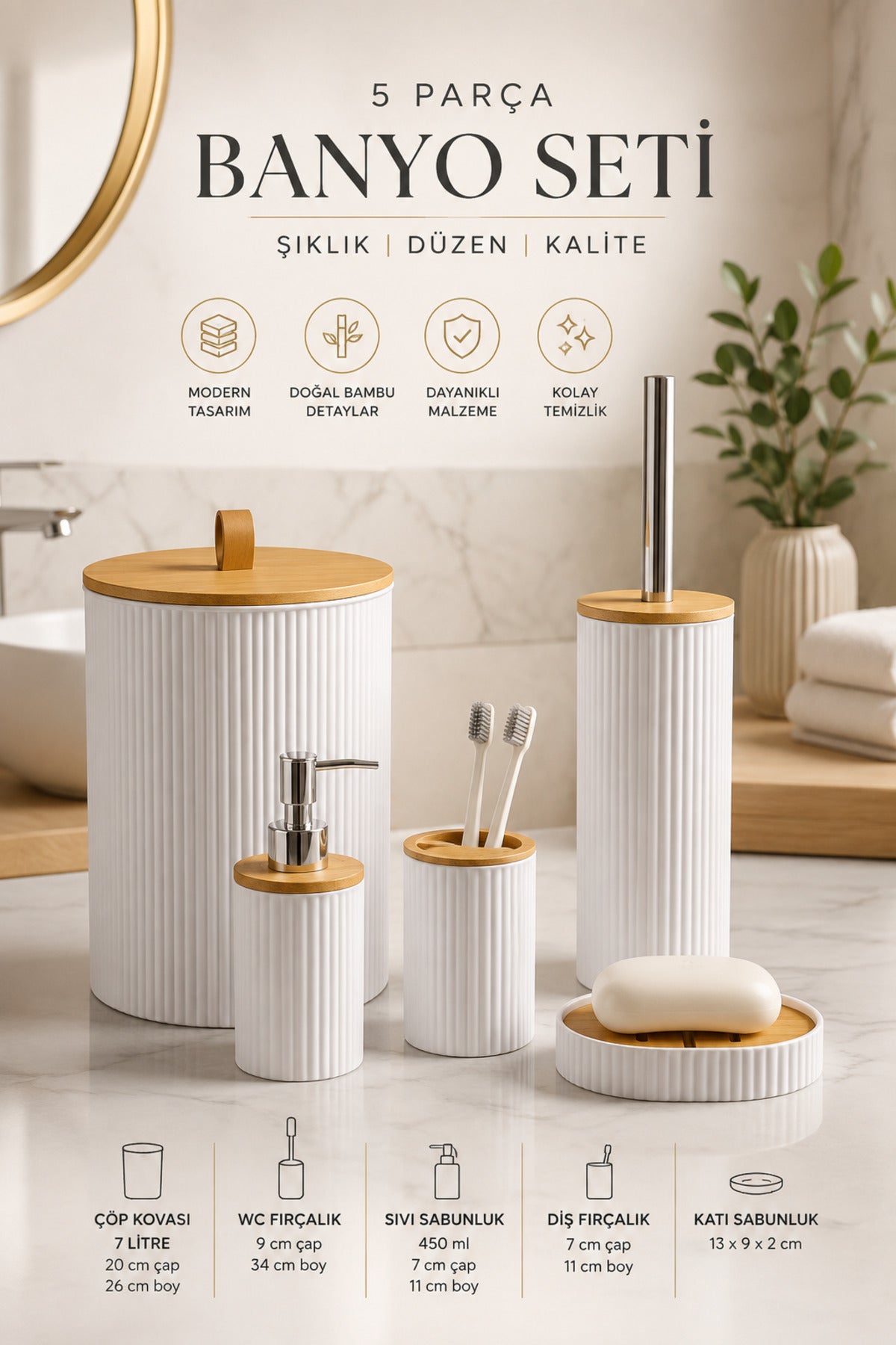 5 Parça Yuvarlak Banyo Seti, Bambu Kapaklı, Hacim: 7 litre – Beyaz