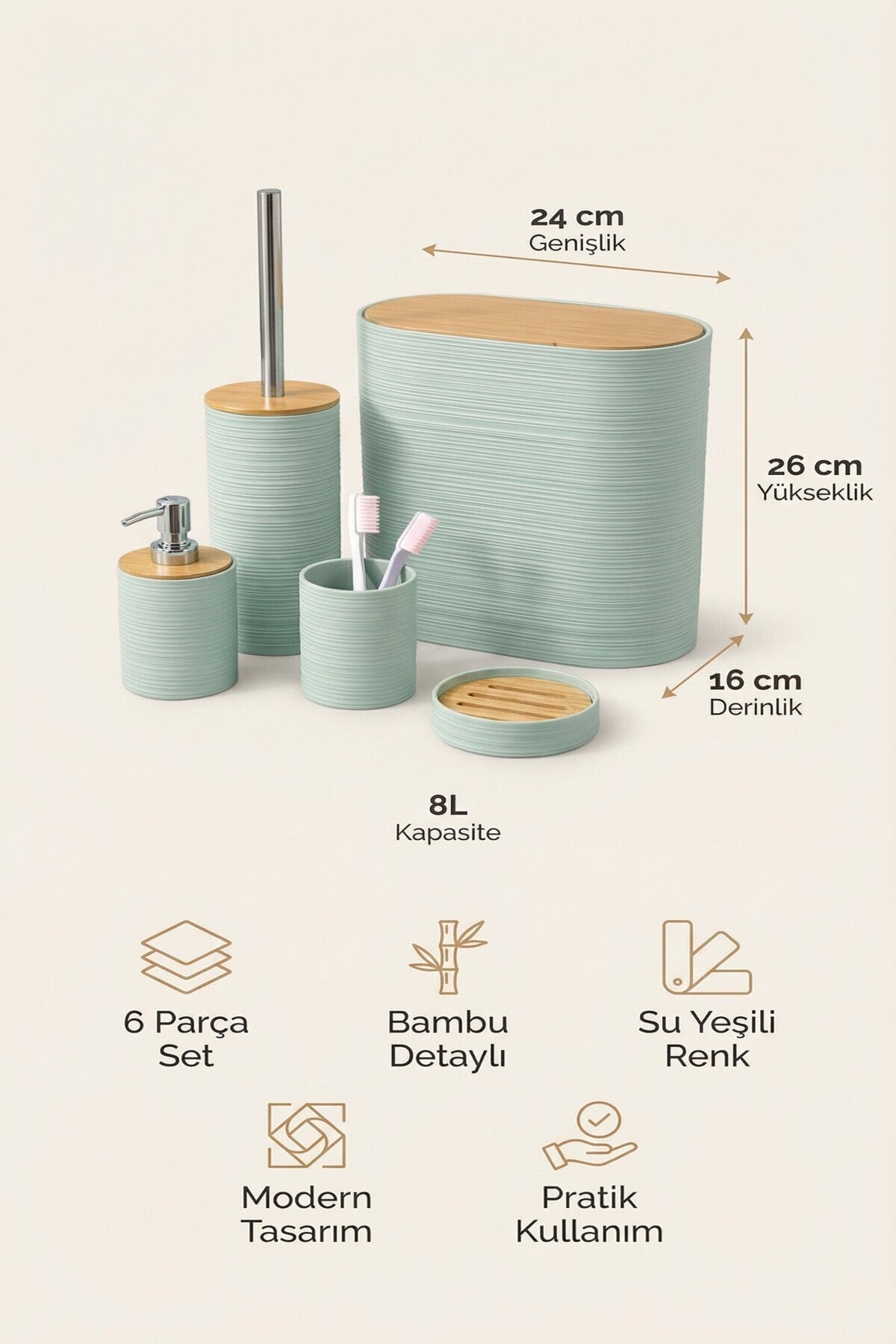 6 Parça Banyo Seti, Bambu Detaylı, 8L Çöp Kovası 24x26x16 cm