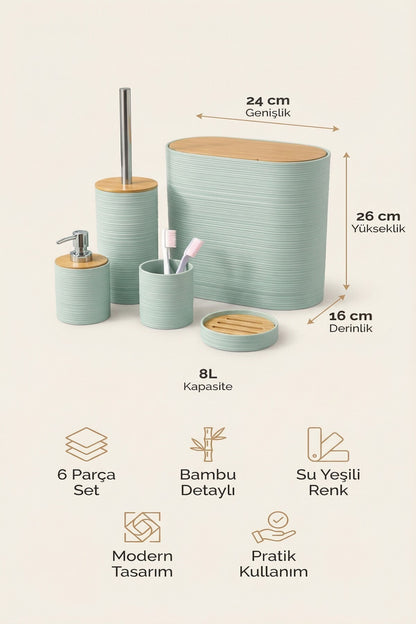 6 Parça Banyo Seti, Bambu Detaylı, 8L Çöp Kovası 24x26x16 cm