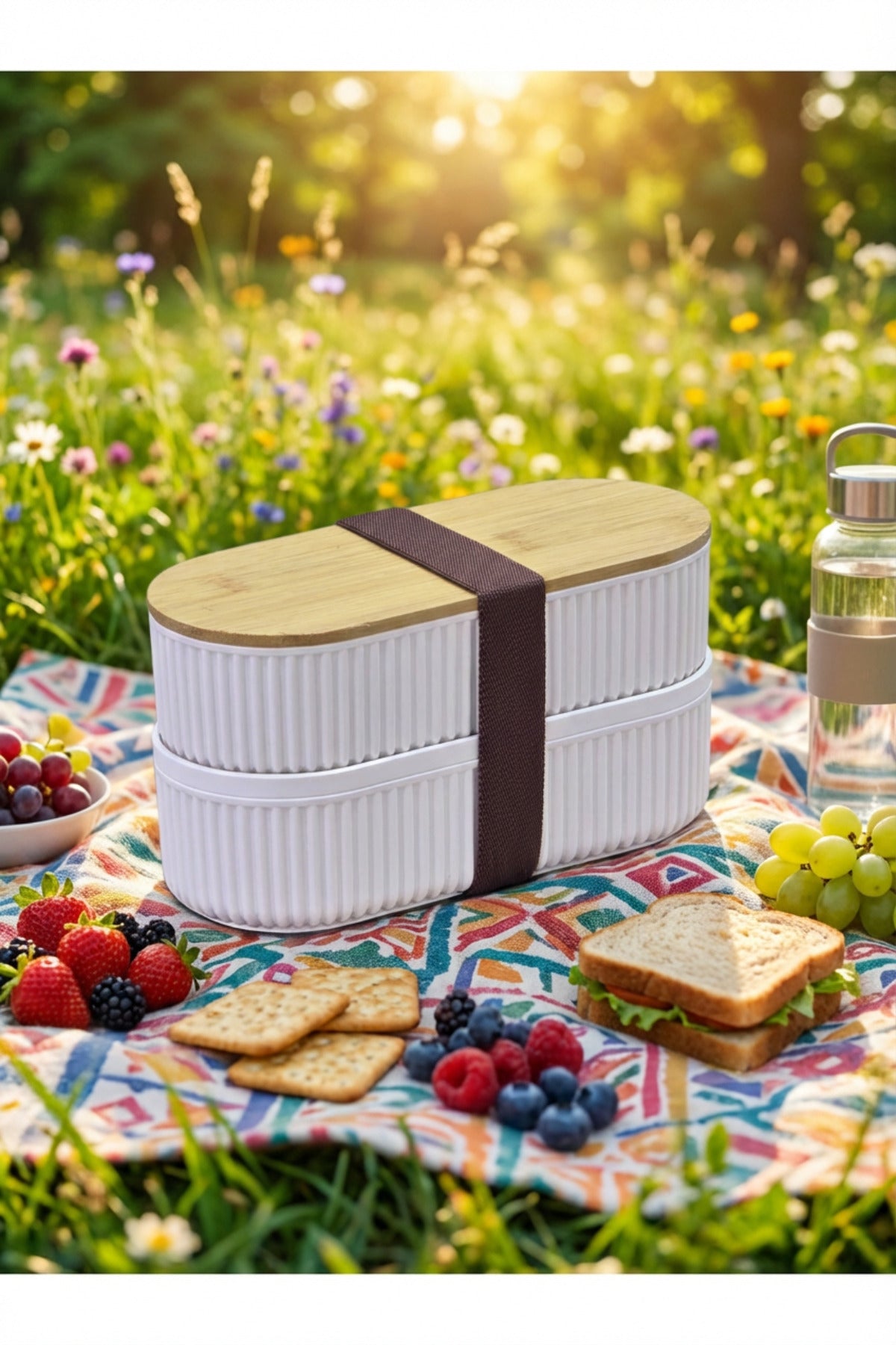 Bambu Kapaklı Saklama ve Beslenme Kutusu – 2 Katlı, 20 x 9 x 5,5 cm