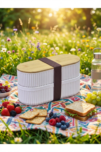 Bambu Kapaklı Saklama ve Beslenme Kutusu – 2 Katlı, 20 x 9 x 5,5 cm