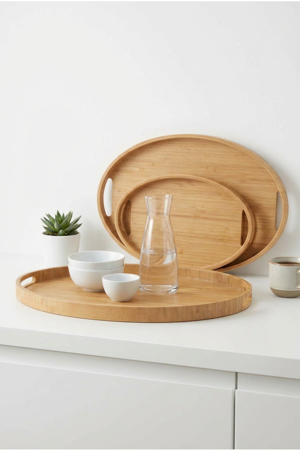 Bambu Oval 3'lü Tepsi Seti. Küçük Tepsi: 20x29 cm. Orta Tepsi: 26x36 cm. Büyük Tepsi: 31x45 cm