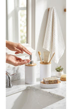 5 Parça Yuvarlak Banyo Seti, Bambu Kapaklı, Beyaz, Hacim: 7 litre