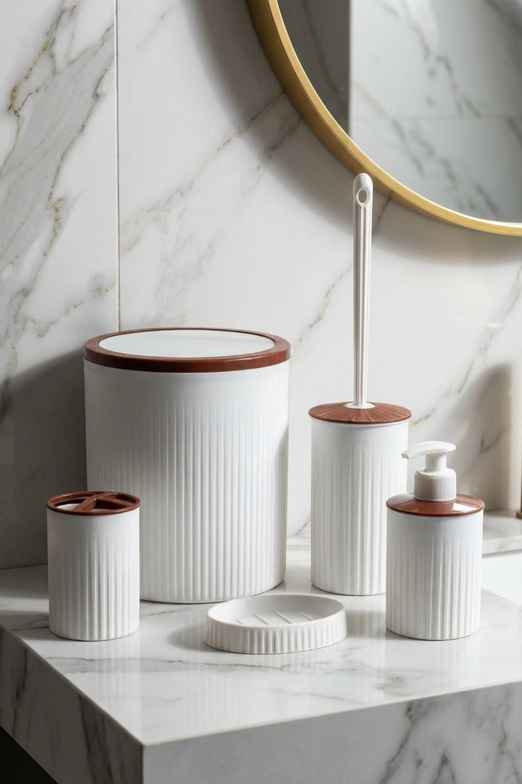 5 Parça Şık Beyaz Banyo Seti, Hacim: 6 litre