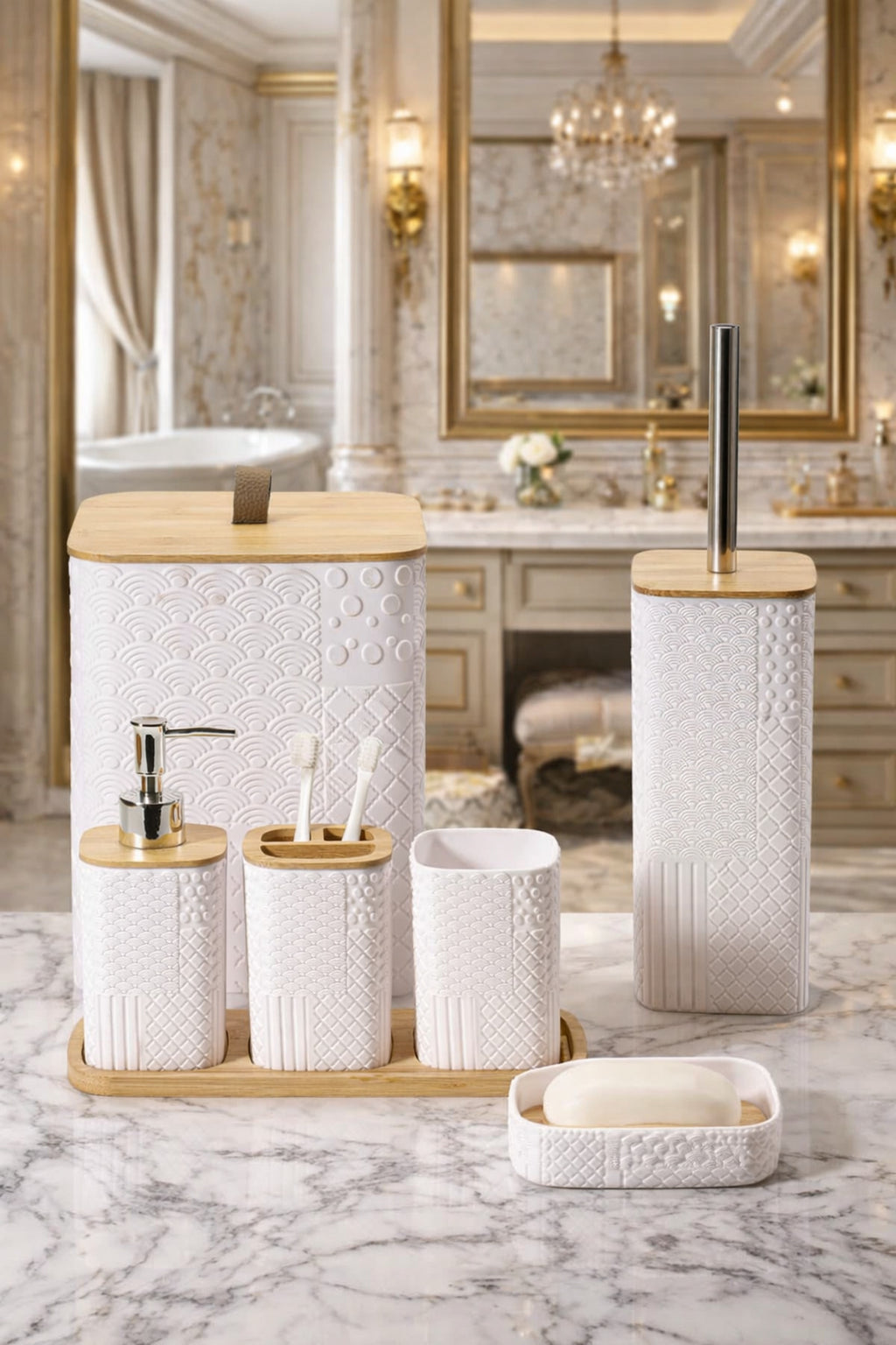 Desenli 7 Parça Bambu Kapaklı ve Aksesuarlı Banyo Seti