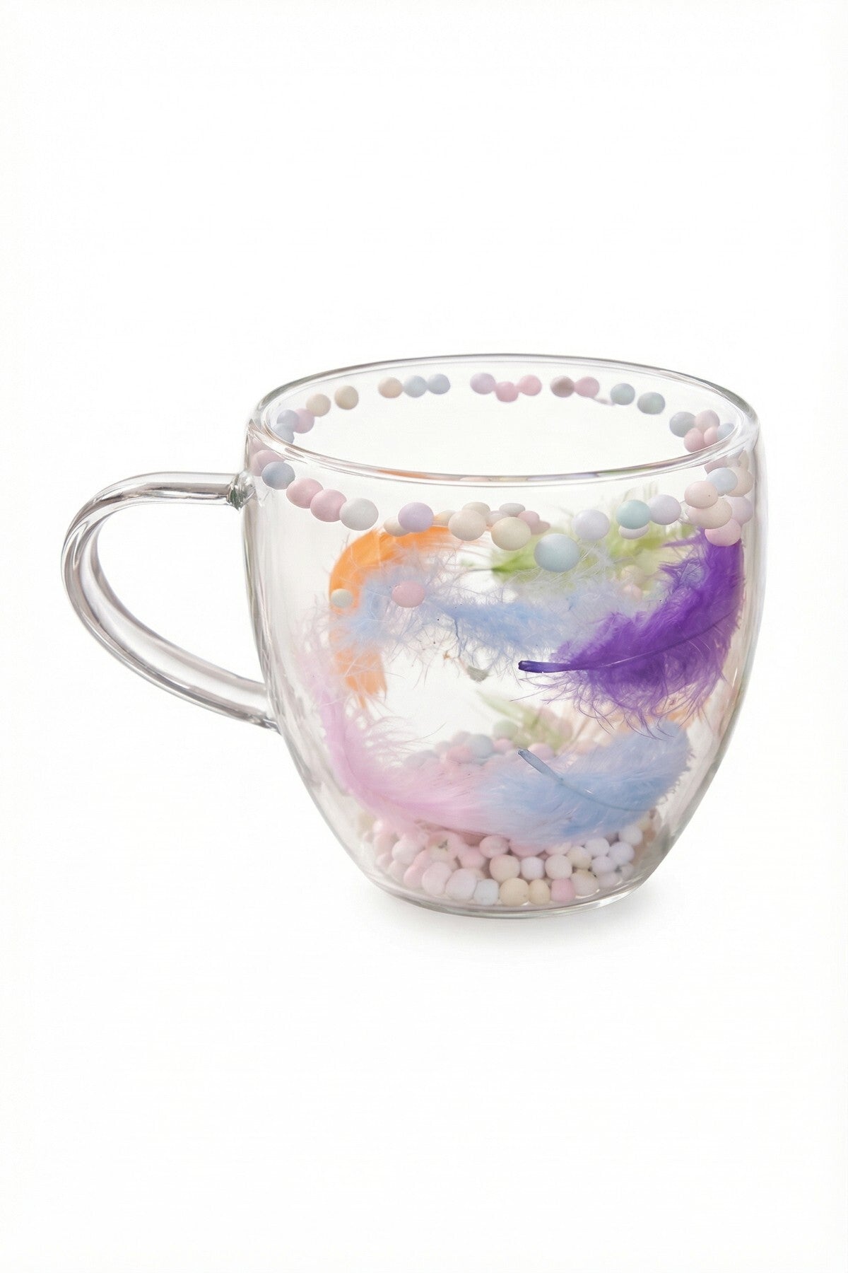 Boncuklu Tüylü Çift Cidarlı Cam Kupa, 350 ml, 11 cm x 8 cm - görsel 5