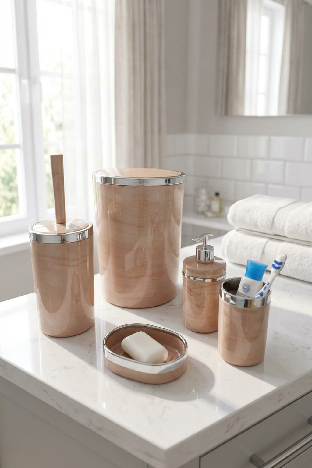 Banyo Seti 5'li,yuvarlak,akrilik-çöpkovası, Wcfırçalık,sıvı Sabunluk,diş Fırçalık,el Sabunluk