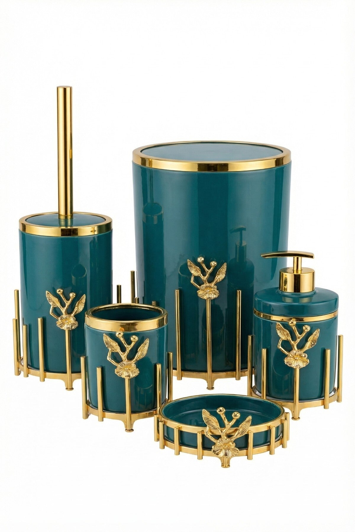 Gold Kaplama Metal Stantlı 5 Parça Mermer Desenli ve Düz Renk Seçenekli Banyo Aksesuar Takımı