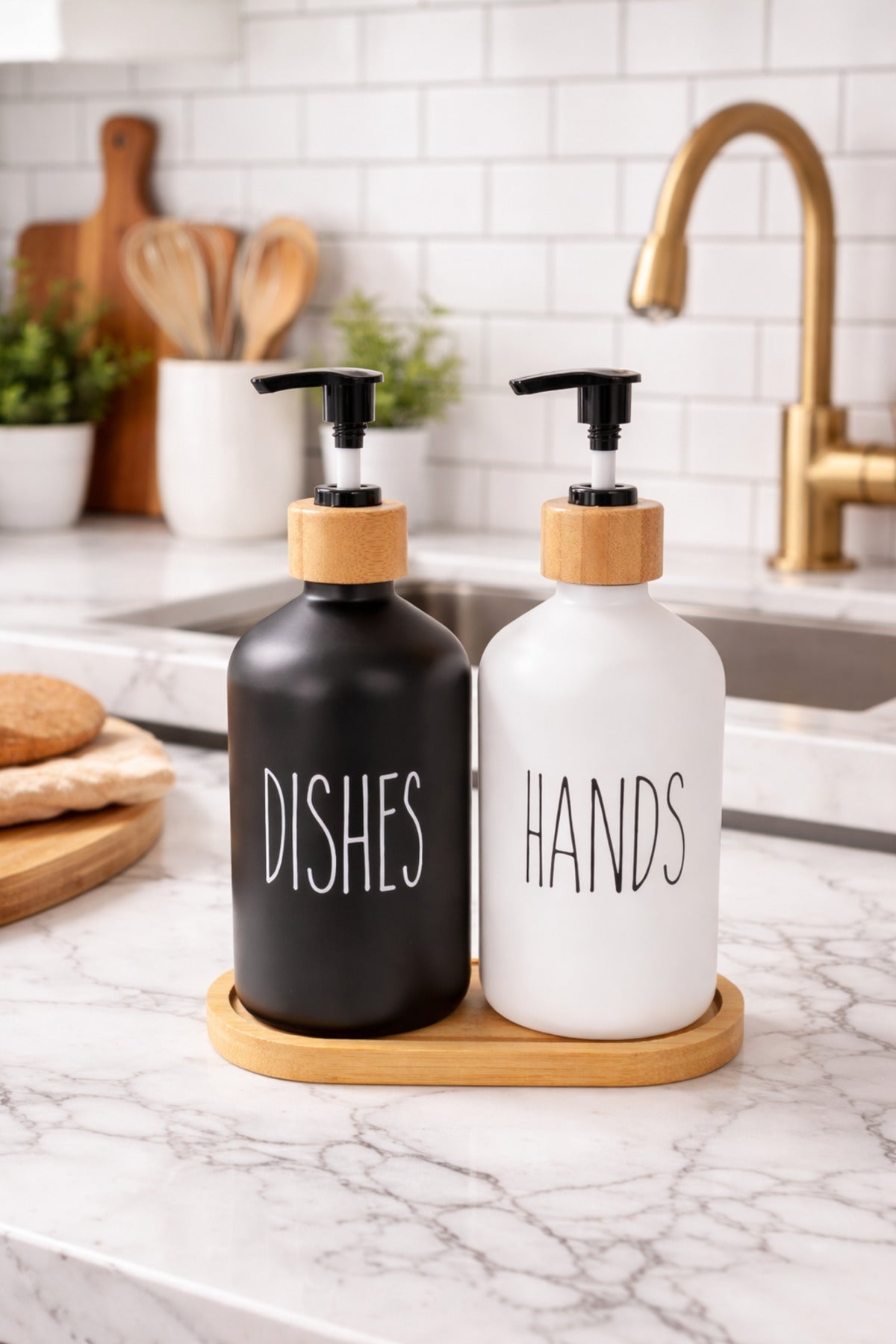 Bambu Altlıklı Bambu Kapaklı İkili Cam Sıvı Sabunluk & Deterjanlık Seti – 2×500 ML- 16,5 x 9 x 21 cm