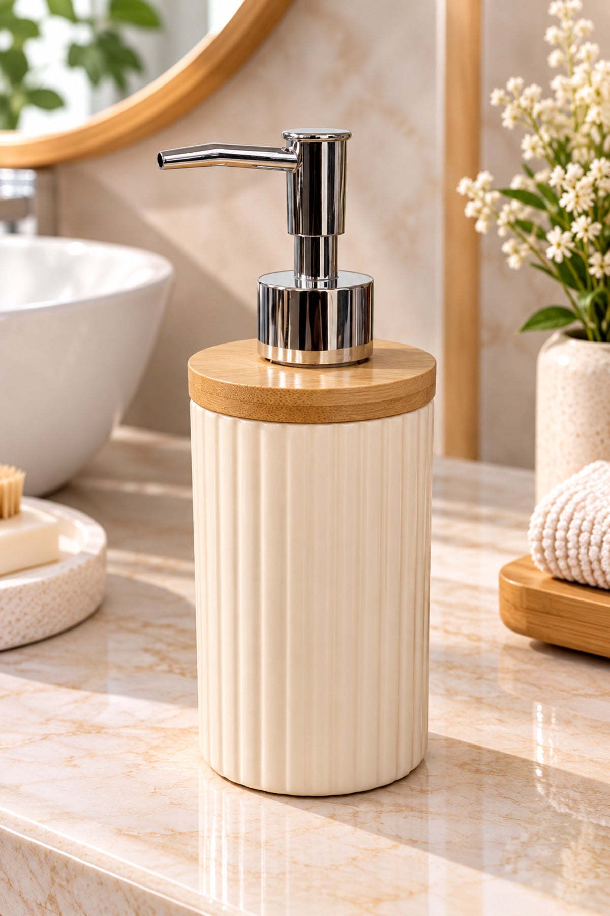 400 ml Bambu Kapaklı Sıvı Sabunluk, Desenli Seramik, Siyah Gri Pudra Pembe, 8x19 cm – Krem