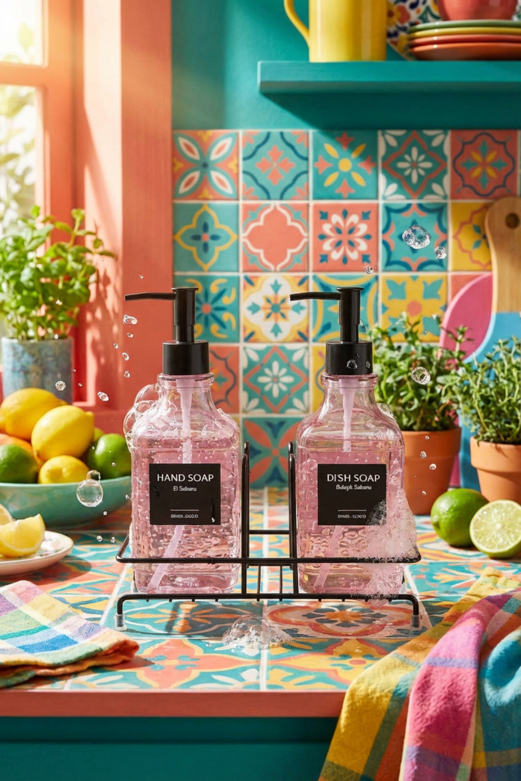 Modern Cam Ikili Sıvı Sabunluk & Deterjanlık Seti- 500 Ml Cam Sabunluk, Metal Stand'lı