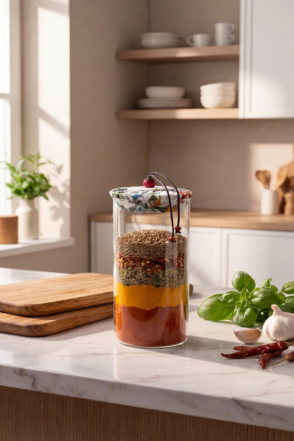 1000 ml Borosilikat Cam Hava Geçirmez Kumaş Kaplama Bambu Kapaklı Kavanoz, çap:8 cm, h:25 cm – Beyaz