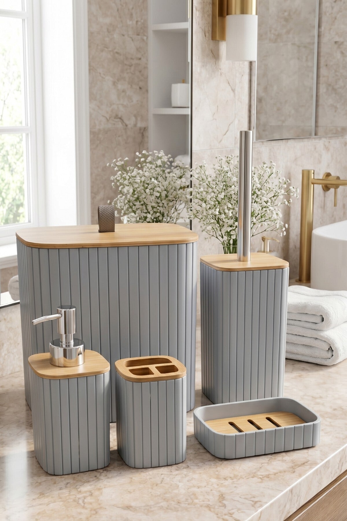 Bambu Kapaklı Çizgili Dikdörtgen 5 Parça Banyo Seti, 21 x 19 x 24 cm.