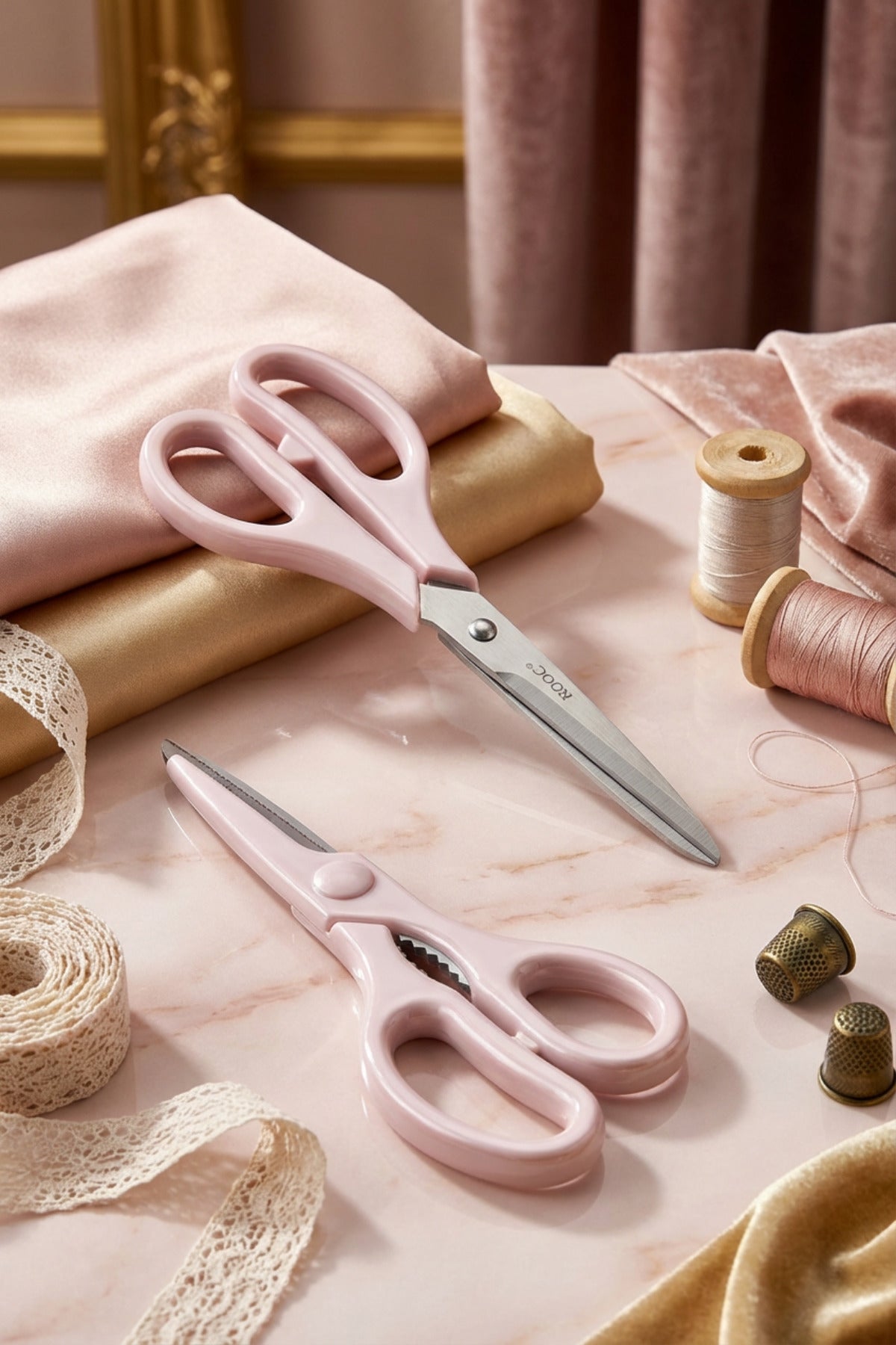 Tırtıklı Ağız 2'li Çok Amaçlı Makas Seti – Büyük Boy Pembe, 23 Cm