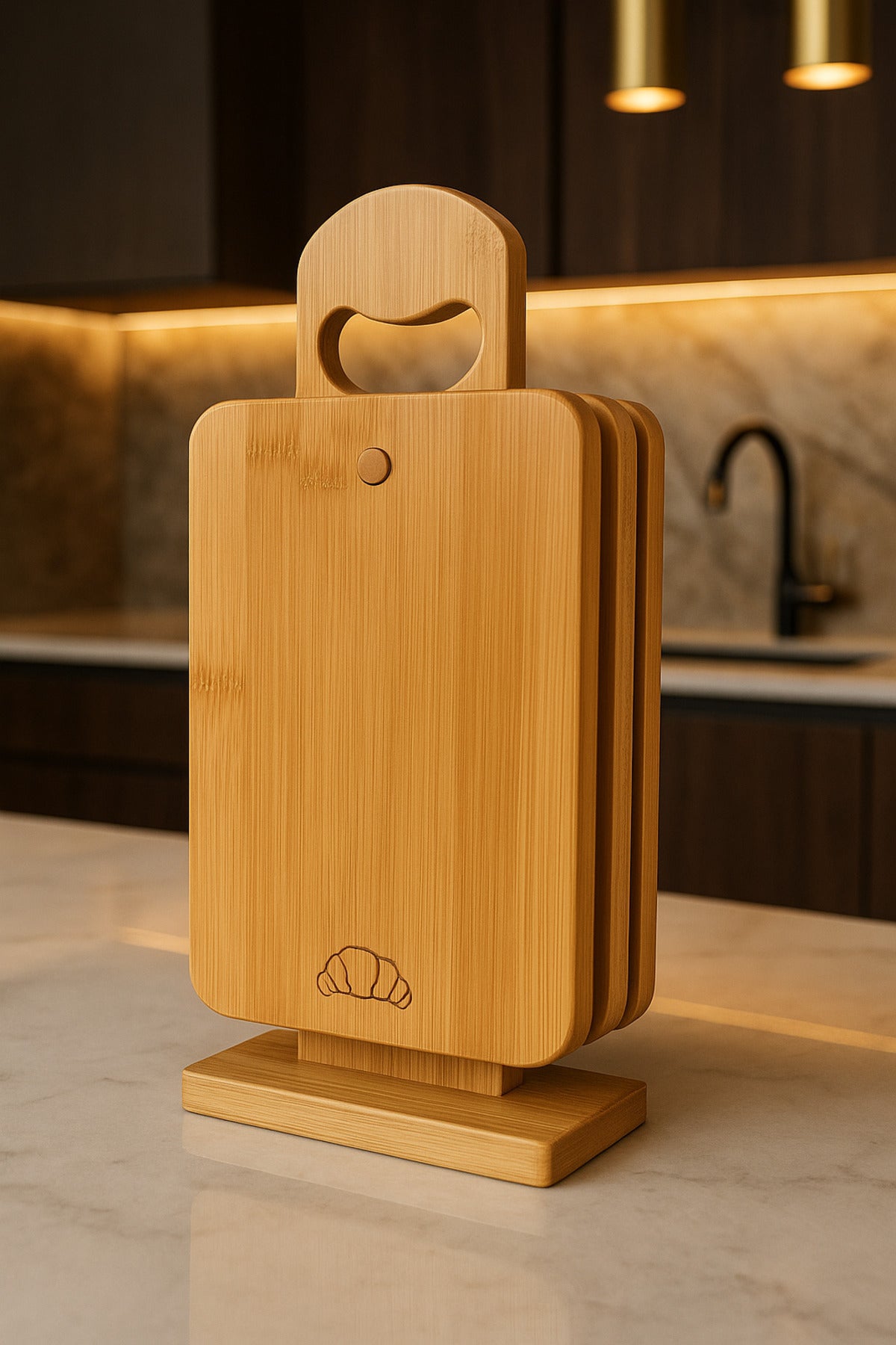 Sebze-Tavuk-Balık-Et Tahtaları, Stantlı 4’lü Ahşap Kesme Tahtası Seti, Tek tahta ölçü 25 × 16 × 1 cm