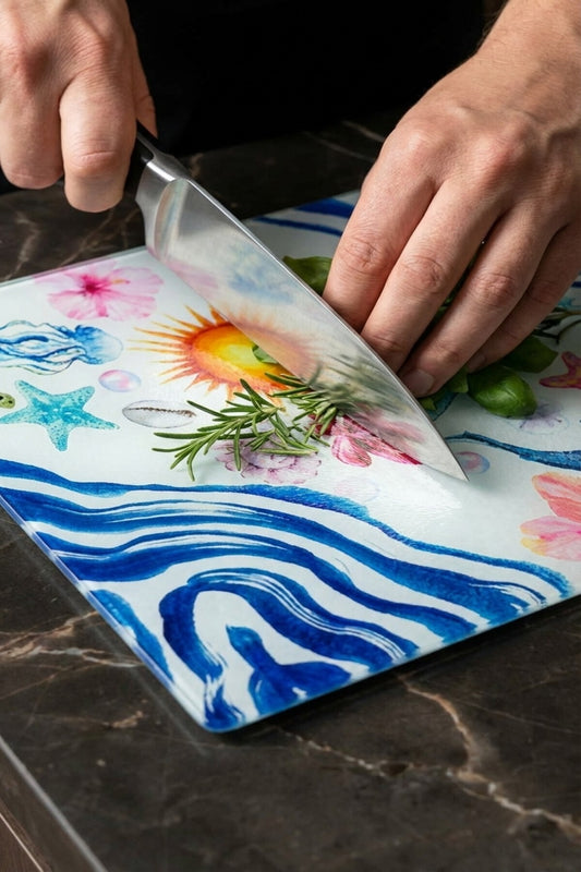 Cam Kesme Tahtası Kırılmaz Temperli 25x35 cm Akdeniz Desenli Cam Kaymaz