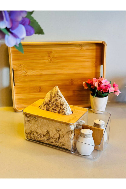 Bambu Kapaklı Plastik Peçetelik ve Organizer, 25 x 12 x 10 cm