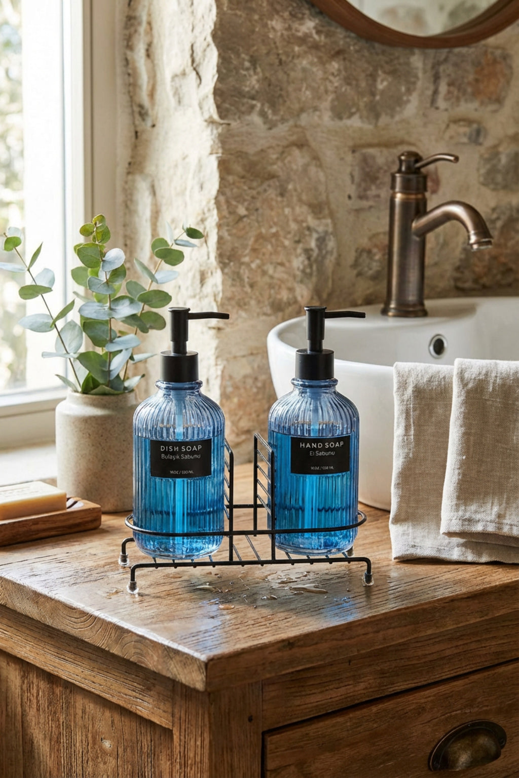 Modern Çizgili Yuvarlak Cam Ikili Sıvı Sabunluk & Deterjanlık Seti, Mavi - 500 Ml Cam Sabunluk