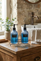 Modern Çizgili Yuvarlak Cam Ikili Sıvı Sabunluk & Deterjanlık Seti, Mavi - 500 Ml Cam Sabunluk