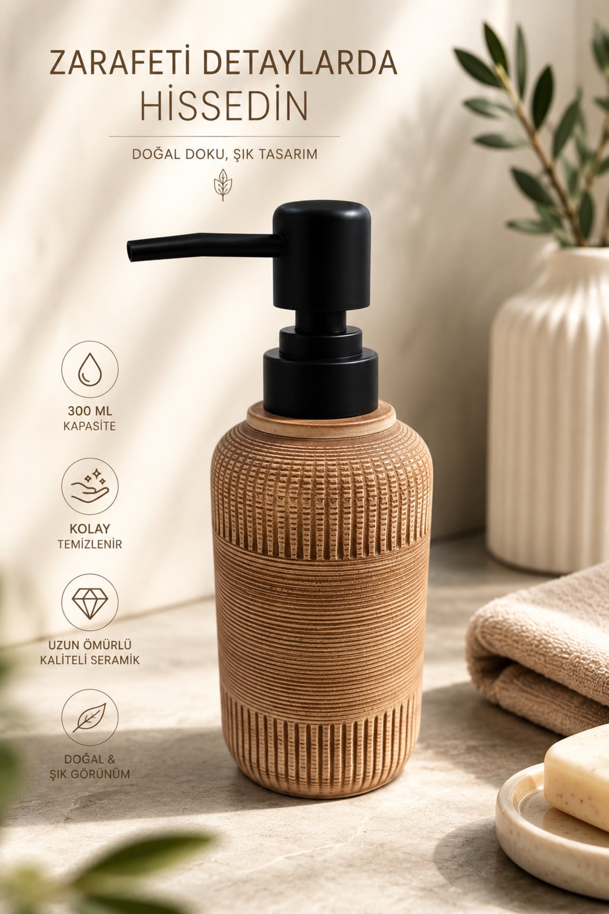 300 ml Seramik Lenora Sıvı Sabunluk, 7 cm çap, 18 cm yükseklik