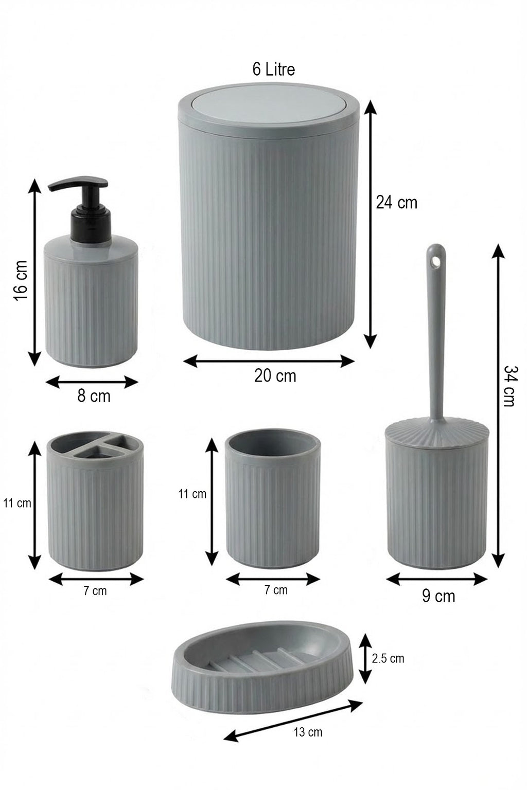 5 Parça Şık Gri Banyo Seti, Hacim: 6 litre