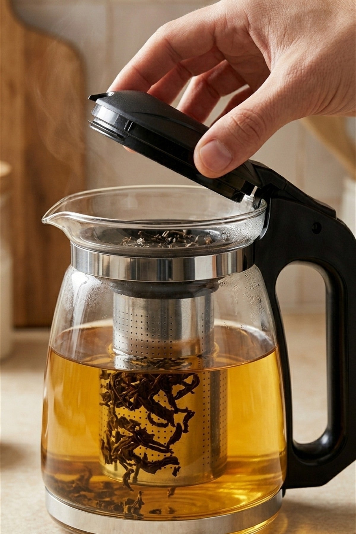 1500 ML Çelik Süzgeçli Cam Demlik - görsel 5