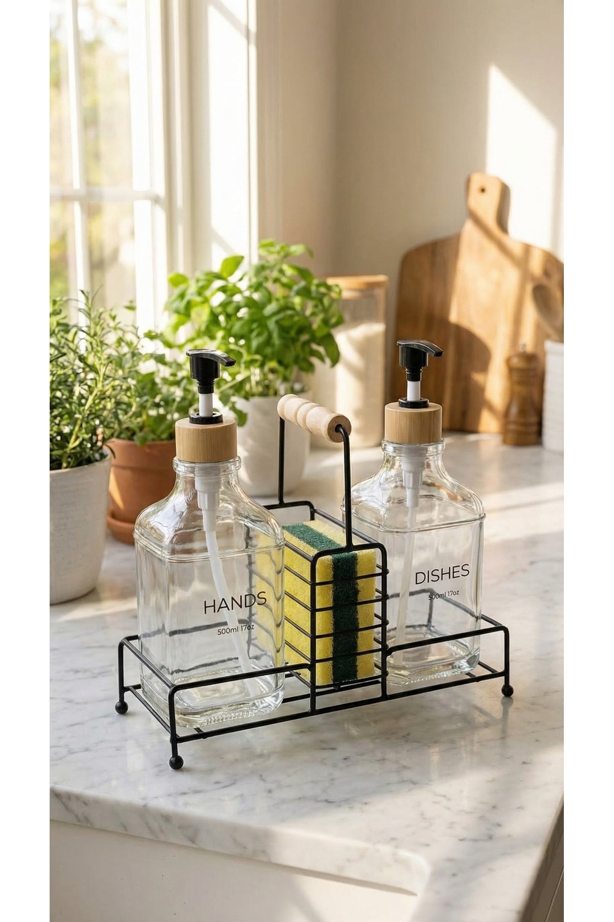 Lüks Bambu Kulplu Metal Stantlı İkili Cam Sıvı Sabunluk 500 ml, 23x9x23,5 cm
